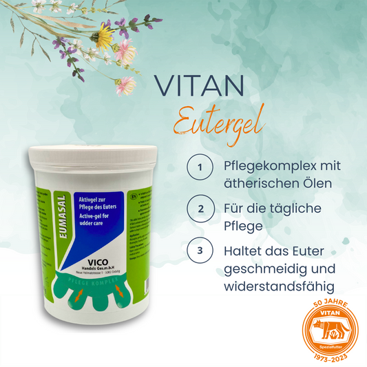 Schützen und pflegen Sie die Euter Ihrer Milchkühe mit 'Eumasal', einem hochwertigen Pflege-Gel auf pflanzlicher Basis. Ideal für trockenstehende Kühe, bildet es einen Schutzfilm, der die Gesundheit des Euters fördert und die Milchqualität erhält. Einfach anzuwenden, sicher und effektiv. Jetzt mit gratis Versand bei Vitan erhältlich!