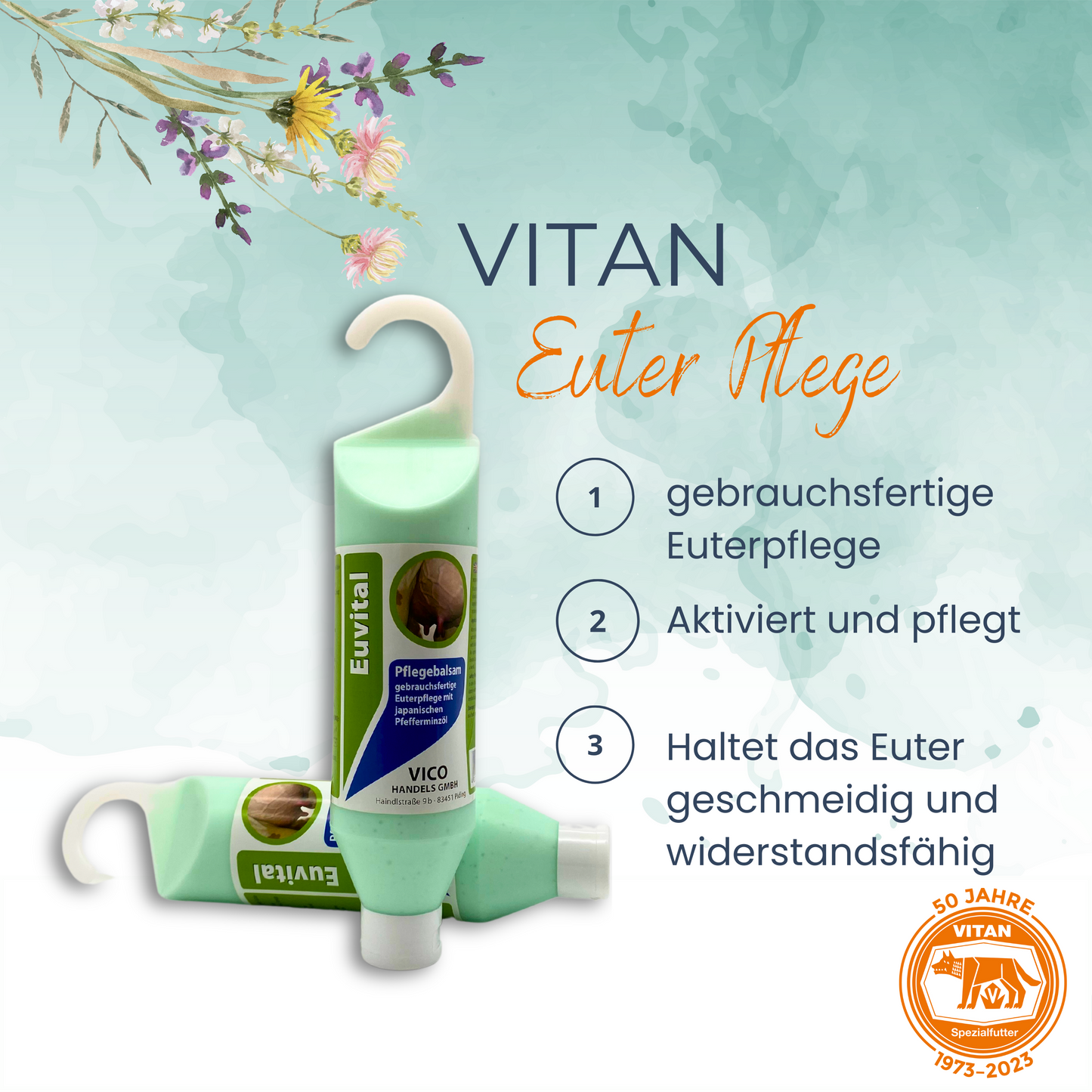 Verwöhnen Sie die Euter Ihrer Milchkühe mit 'Euvital', einer erstklassigen Euterpflege-Lösung, angereichert mit japanischem Pfefferminzöl. Diese gebrauchsfertige Lösung kühlt angenehm, lindert Juckreiz und beugt Euterbeschwerden effektiv vor. Ideal für die tägliche Pflege, spendet intensiv Feuchtigkeit und unterstützt die Hautgesundheit. Jetzt bei Vitan erhältlich – für natürlich geschützte und geschmeidige Euter.