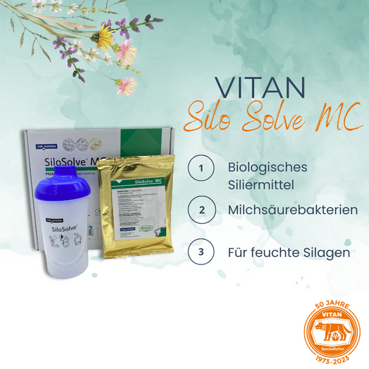 SILOSOLVE® MC Siliermittel für optimierte Fermentation und Schutz vor Gärschädlingen. Bild zeigt Verpackung des Siliermittels, geeignet für feuchte Erntebedingungen und verschiedene Silagearten.