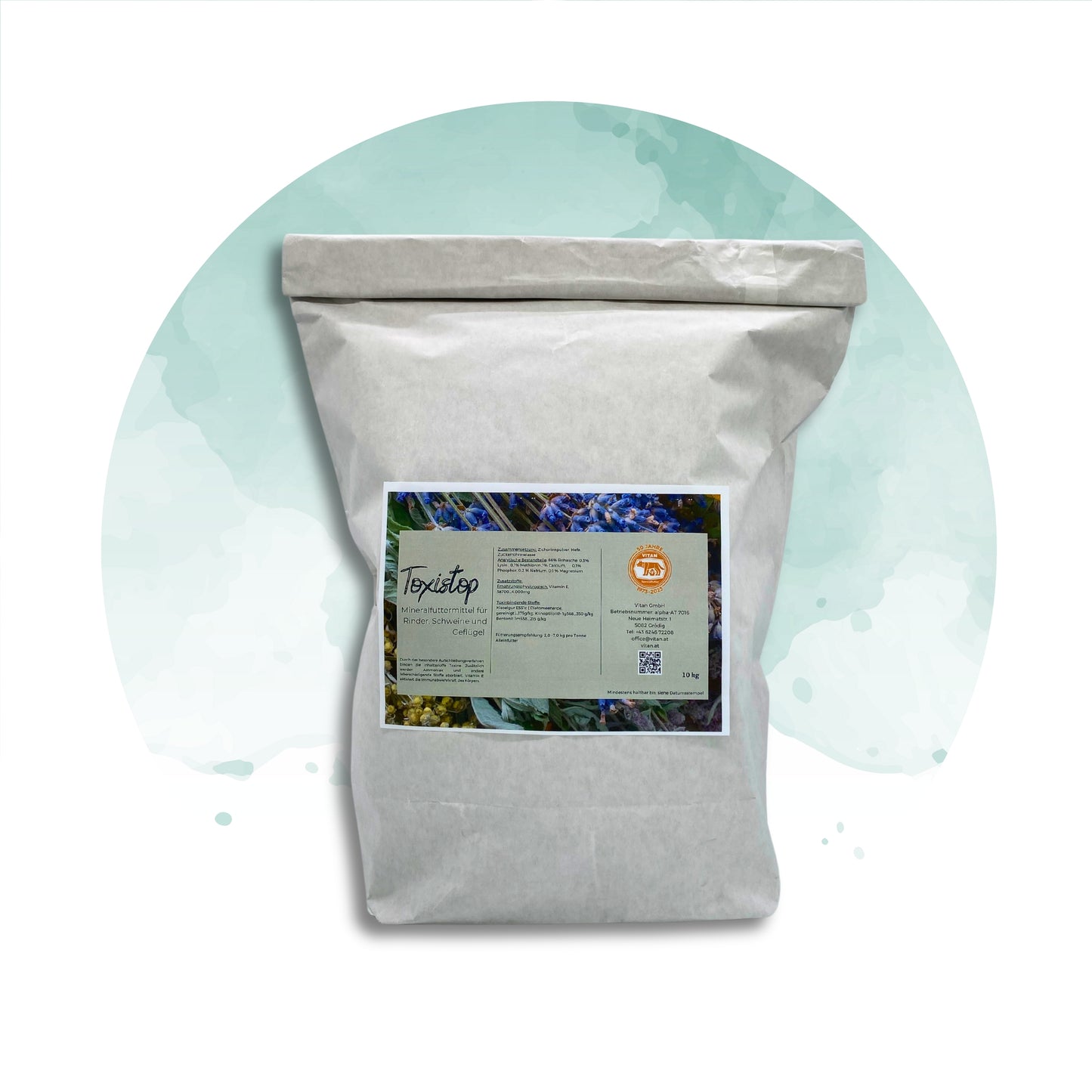 Toxistop Ergänzungsfutter zur Entgiftung und Schutz vor Mykotoxinen. Bild zeigt die Verpackung von Toxistop, ideal für die Förderung der Darmgesundheit und Stärkung des Immunsystems.