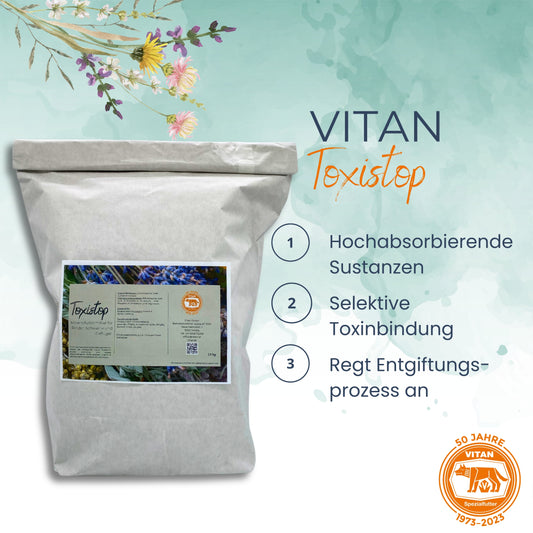 Toxistop Ergänzungsfutter zur Entgiftung und Schutz vor Mykotoxinen. Bild zeigt die Verpackung von Toxistop, ideal für die Förderung der Darmgesundheit und Stärkung des Immunsystems.