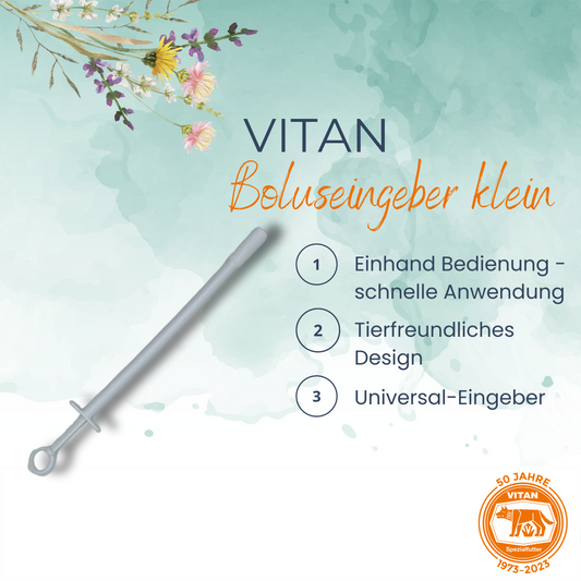 Kaufen Sie den Boluseingeber für Kälber und verbessern Sie die Verabreichung von Spurenelementen und Mineralfutter. Effizient, zuverlässig und regional produziert. Jetzt bei Vitan mit gratis Versand