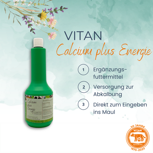 Verbessern Sie das Wohlbefinden Ihrer Milchkühe mit 'Calcium plus Energie', dem spezialisierten Ergänzungsfutter für intensive Calcium- und Energieversorgung während der Abkalbezeit. Jetzt bei Vitan: Natürlich, regional und mit gratis Versand. Einfache Anwendung direkt im Maul der Kuh für optimale Gesundheit
