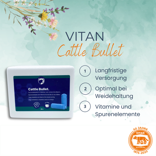 Optimieren Sie die Gesundheit Ihrer Rinder mit 'CATTLE BULLET', einem hochwertigen Ergänzungsfutter, das speziell für grasende Rinder entwickelt wurde. Bietet eine langfristige Versorgung mit essentiellen Spurenelementen und Vitaminen für eine effektive und einfache Gesundheitsförderung. Jetzt mit gratis Versand bei Vitan erhältlich, ideal für Landwirte zur einfachen Verabreichung.