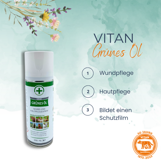 Optimieren Sie die Wundbehandlung Ihrer Tiere mit unserem vielseitigen Pflegespray, ideal für Enthornungs-, Kastrations- oder Klauenverletzungen. Dieser Spray bildet einen schützenden Film, der die Wunde elastisch hält und den Heilungsprozess fördert. Angereichert mit pflanzlichen Ölen und ätherischen Ölen, bietet er sanften Schutz ohne reizende Stoffe. Jede 200-ml-Dose ermöglicht ca. 100 Anwendungen. Verfügbar bei Vitan, erleichtern Sie die Pflege Ihrer Tiere effektiv und sicher.