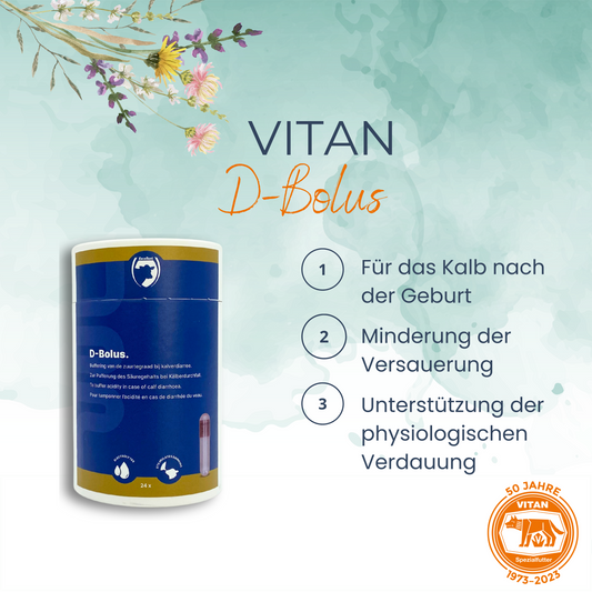 Schützen Sie die Gesundheit Ihrer Kälber mit 'D-BOLUS', einem speziell entwickelten Ergänzungsmittel, das Natriumbicarbonat enthält, um das Säure-Basen-Verhältnis zu optimieren. Ideal für die Stabilisierung des Wasser- und Elektrolythaushalts und die Unterstützung der Verdauung bei Durchfall. Jetzt bei Vitan erhältlich, garantiert eine einfache Anwendung und bietet vorbeugende sowie therapieunterstützende Wirkung.