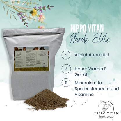 Hochwertiges Pferde-Mineralfutter mit Extraportion Vitamin E für umfassende Gesundheit und Leistung. Bild zeigt die Verpackung des Mineralfutters und die Anwendung bei Pferden.