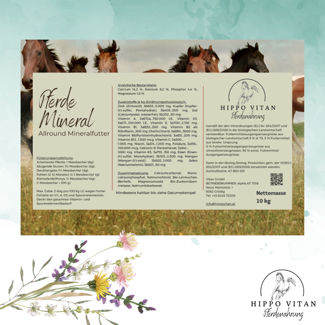 Hochwertiges Pferde-Mineralfutter für umfassende Gesundheit und Leistung. Bild zeigt die Verpackung des Mineralfutters und die Anwendung bei Pferden.