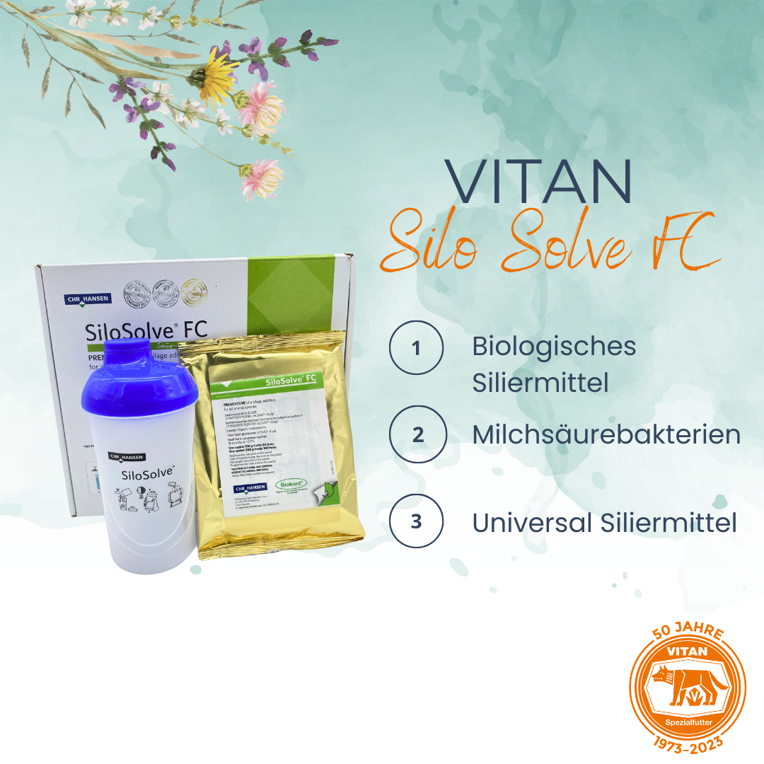 SILOSOLVE® FC Siliermittel für schnelle und effiziente Silierung. Bild zeigt Verpackung des Siliermittels, geeignet für verschiedene Silagearten und optimale Silagequalität.