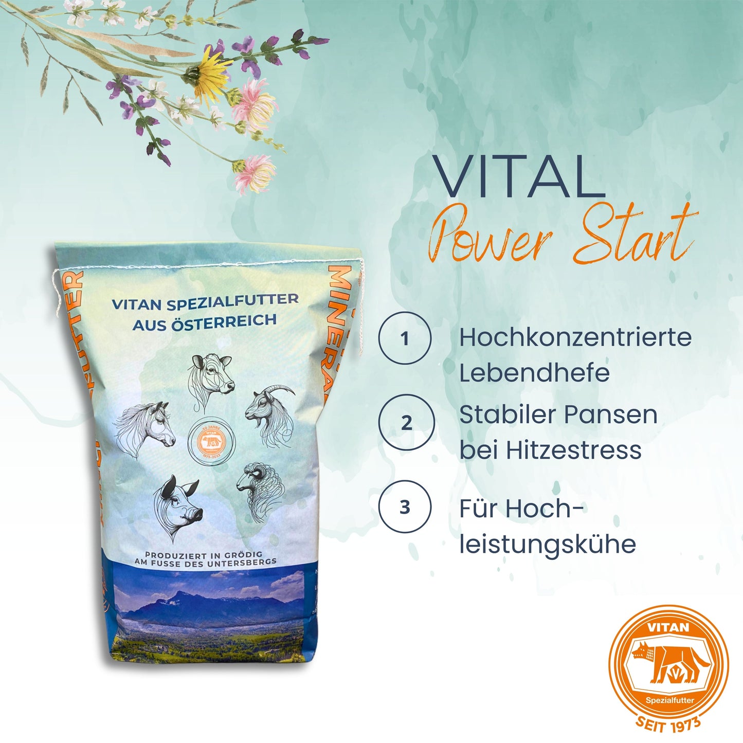 VITAN Vital Power Start – Ergänzungsfutter mit hochkonzentrierter Lebendhefe für Milchkühe bei Hitzestress, 20 kg