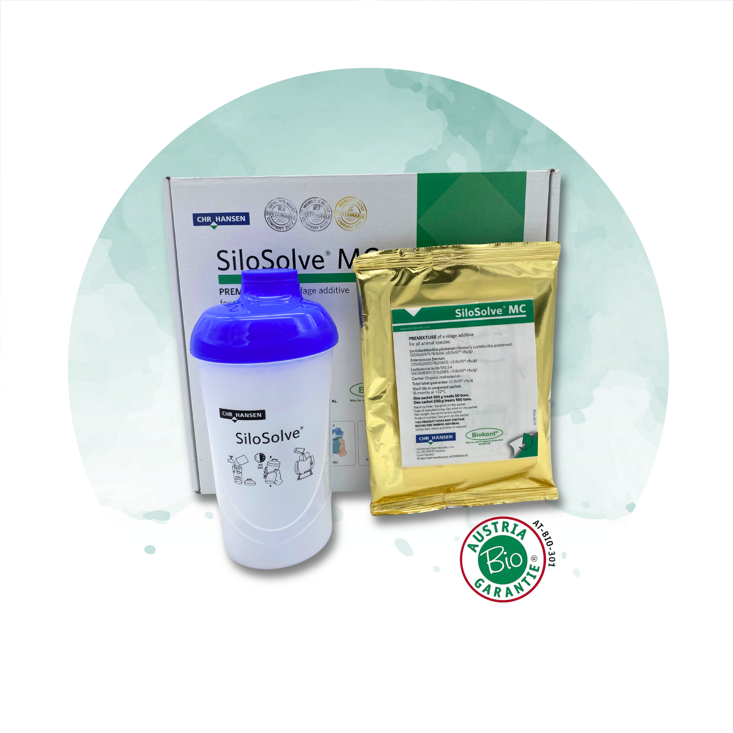 SILOSOLVE® MC Siliermittel für optimierte Fermentation und Schutz vor Gärschädlingen. Bild zeigt Verpackung des Siliermittels, geeignet für feuchte Erntebedingungen und verschiedene Silagearten.