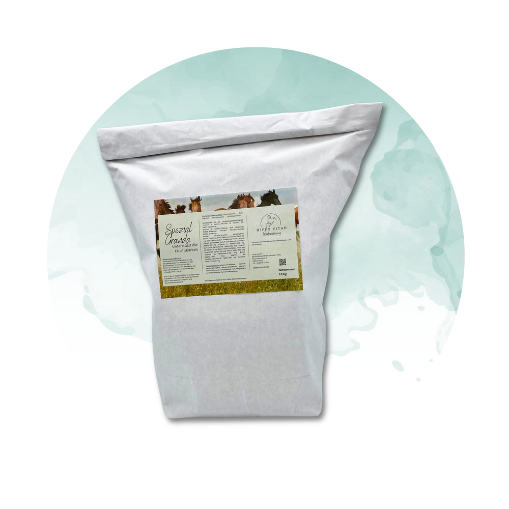 Gravida Spezial Pferdefutter zur Förderung der Fruchtbarkeit. Bild zeigt die Verpackung des Futters, ideal für trächtige Stuten und Zuchthengste, mit Beta Karotin und B-Vitaminen.